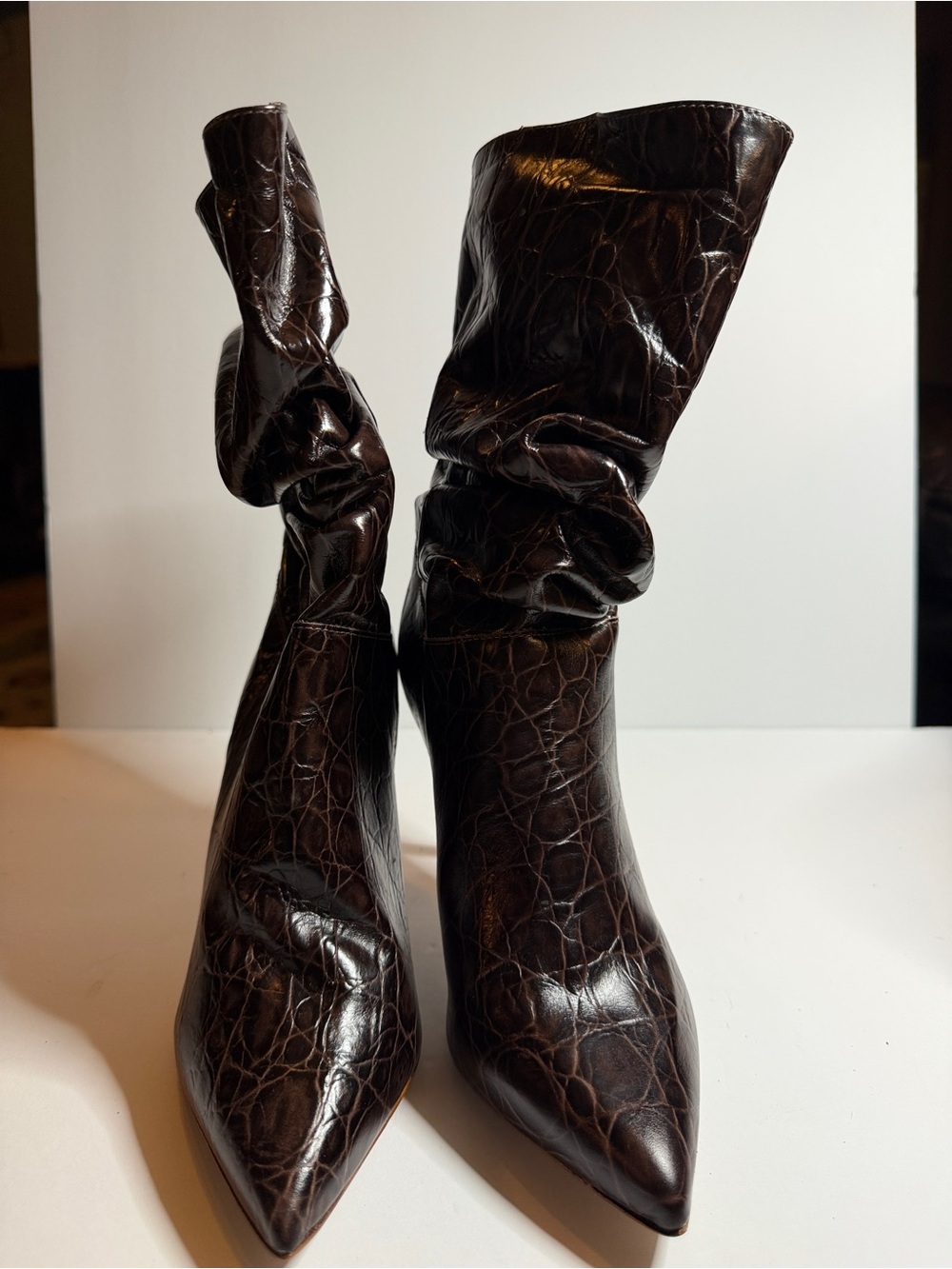 SCHUTZ Dark Brown Croc-Embossed Slouch Over-the-Knee Boots